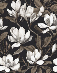 Dark botanical illustration of magnolia flowers