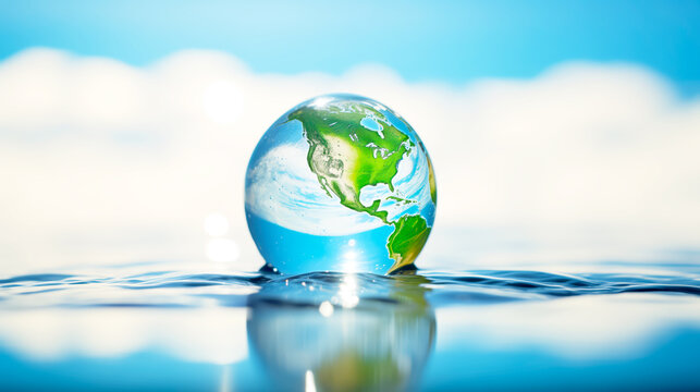 A transparent world globe earth fill with water for World water day, Earth day, an Environmental day.