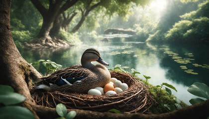 Serene scene of a duck guarding her nest with eggs at a pond corner, capturing tranquil wildlife moments of motherhood and new life.  - obrazy, fototapety, plakaty