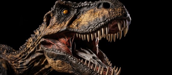A predatory Tyrannosaurus Rex exhibits its powerful jaws as it opens its mouth wide, revealing sharp teeth. The dinosaurs menacing posture evokes a sense of danger and strength.
