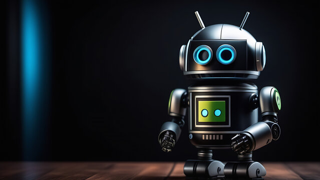 Cute android robot with free space for text on black background. Global robotic bionic science research for future of human life