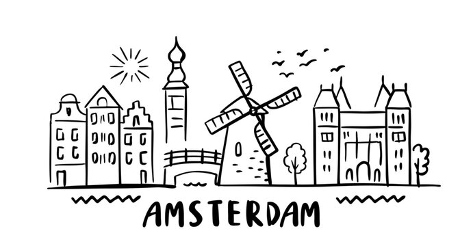 Amsterdam sketch City Skyline with Typographic. Vector cityscape with famous landmarks. Illustration for prints on bags, posters, cards.