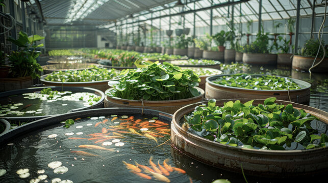 Aquaculture tanks within a greenhouse, showcasing the synergy of fish farming and plant cultivation, diffused daylight highlights the sustainable cycle of nutrients .