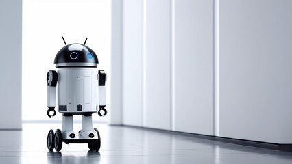 Cute android robot in light room. Global robotic bionic science research for future of human life