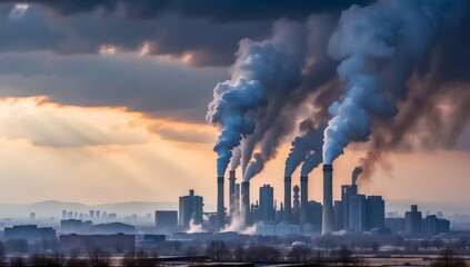 Urban City Air Pollution. Greenhouse Gases. Urban Area With Visible Air Pollution and Smog. Factory Producing Greenhouse Gases.