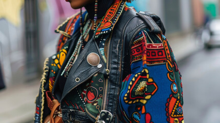 A street style shot featuring a woman wearing a beautiful mix of African prints paired with a leather jacket and western boots.