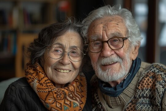 A touching portrait of a happy elderly Caucasian couple hugging indoors, radiating love and togetherness.