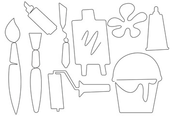  Art day continuous one line art drawing of art tools icon set outline vector