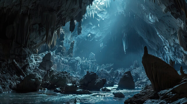 Limestone Caves in Vietnam, Showing Stalactites and Stalagmites. Concept of cave formations, geological wonders, and underground environments
