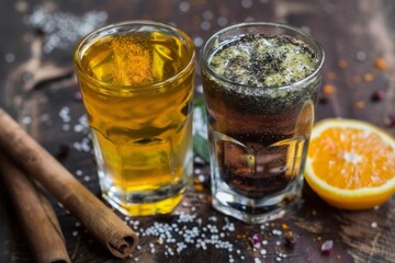 Two glasses with various spices and drinks consumed individually, authentic mexican cuisine image