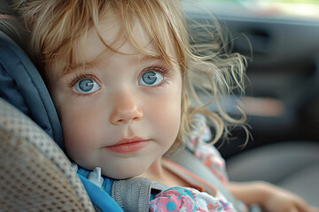 Cute toddler girl sitting in the car seat, children safety concept