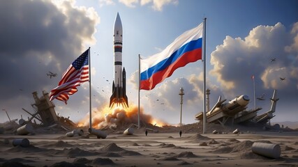Russian and American Flags and Rockets. The Beginning of the Cold War. Mass Armament. War Games. Military Rivalry, International Conflict. - obrazy, fototapety, plakaty