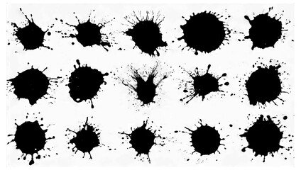 set collection of  black ink Splatter, black paint, ink brush strokes, brushes, lines, grungy. Dirty artistic design elements, Black inked splatter dirt stain splattered spray splash with drops blots.