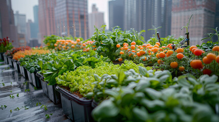 Fototapeta na wymiar An urban rooftop garden lush with vegetables, herbs and sustainable hydroponics against a city skyline
