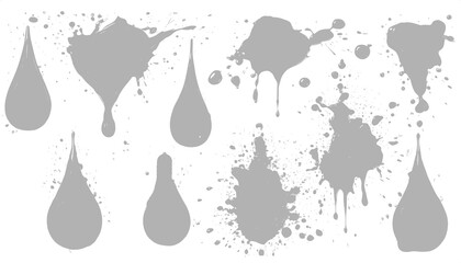 set collection of  white ink Splatter, ink brush strokes, brushes, lines, grungy. Dirty artistic design elements, inked splatter dirt stain splattered spray splash with drops blots.