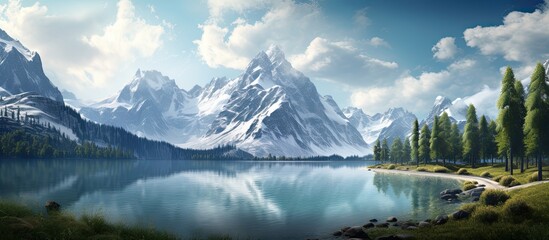 Fototapeta premium A painting depicting a mountain lake nestled among a dense forest of trees. The vibrant colors capture the essence of the serene scene, with the crystal-clear lake reflecting the towering mountains in