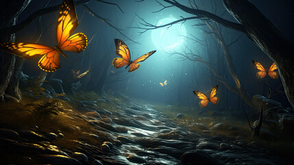 Butterflies in the forest at night created with Generative AI technology