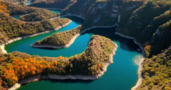 Aerial nature autumn landscape flight over picturesque impressive canyon river mountains forests meadows