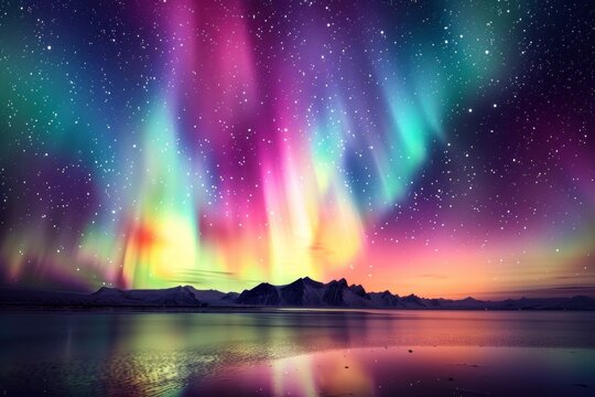 A breathtaking display of the Aurora Borealis with vivid colors dancing across the starry sky above a serene lakeside and mountain range