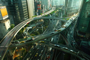 Fototapeta na wymiar Complex Road Network and Traffic Flow in a Dense Urban Jungle