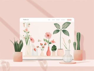 Botanical online store UI design with plants and flowers, landing page, minimalist, clean, dreamy pastel color palette