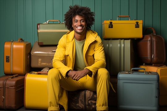 Happy African American young man in a yellow jacket sitting among various suitcases, representing excitement for new travels.
 - Powered by Adobe