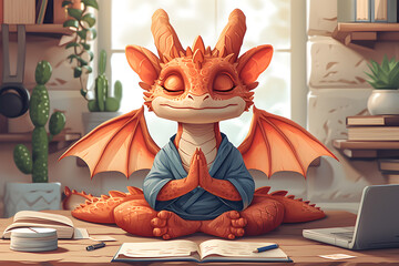 Cartoon dragon doing yoga in the office - obrazy, fototapety, plakaty
