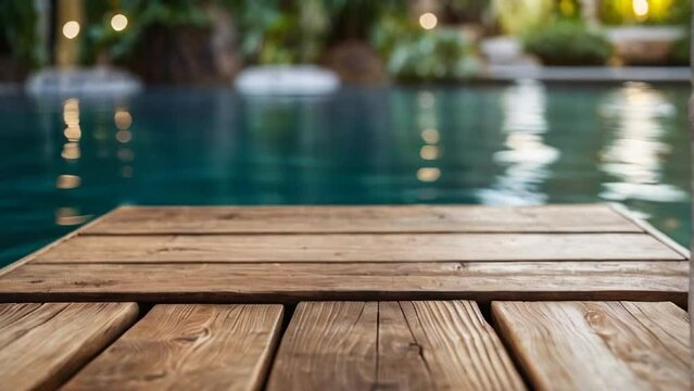 video of  empty wooden table on blurred exterior background of heated pool in spa, luxury hotel, tropical plants in bokeh. For product display setup, space for text