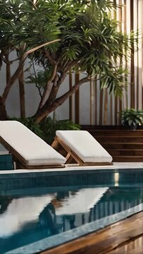 video vertical of  empty wooden table on blurred exterior background of heated pool in spa, luxury hotel, tropical plants in bokeh. For product display setup, copy space