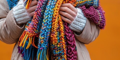 Female hand holding a set of knitted scarf, multi-colored and with different patterns , concept of Textile art