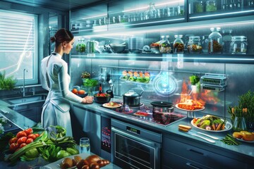 Individual using high-tech kitchen equipment with interactive culinary features.