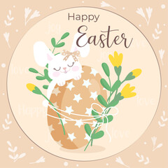 Vector design of an Easter postcard with a rabbit and a chocolate egg