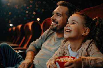 Happy father and daughter enjoying in movie projection in theater - obrazy, fototapety, plakaty