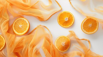 Slices of vibrant orange fruit rest on delicate folds of flowing, sheer fabric, creating a dance of...