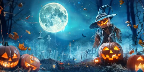 Halloween Night Sky A Pumpkin-Filled Moonlit Night Generative AI