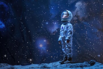 Child astronaut on a space adventure against a backdrop of stars and galaxies