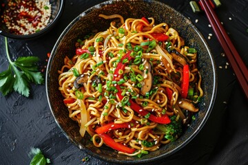 Vibrant Vegan Fare: Enjoy Vegan Stir Fry Egg Noodles with Paprika and Vegetables - A Delicious and Wholesome Plant-Based Dish Perfect for Quick and Easy Meals