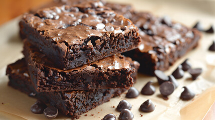 Chocolate brownie cake on a plate, a delicious homemade dessert.