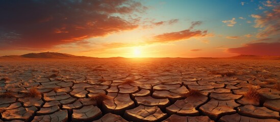 As the sun dips below the horizon, its fading light casts a warm glow over a desolate field cracked and parched due to water scarcity and global warming. The dry, fissured land stretches out as far as