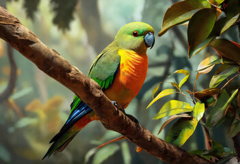 Orange bellied parrot on a branch in the jungle