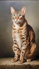 A realistic painting of a Bengal cat with striking green eyes and distinct fur patterns, set against a neutral background