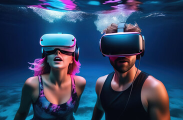 Young man and woman wearing virtual reality glasses under the water. Concept of dive into the Metaverse.