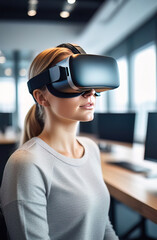 Portrait of young European woman wearing virtual reality glasses in office interior.