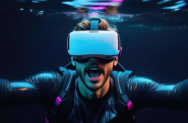 Young man wearing virtual reality glasses under the water. Concept of dive into the Metaverse.