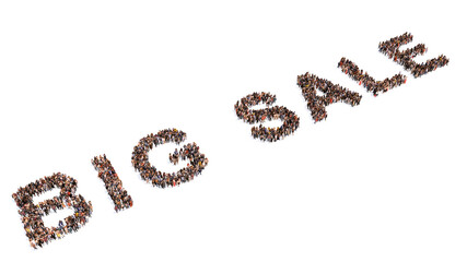 Concept or conceptual large community of people forming BIG SALE slogan. 3d illustration metaphor for marketing, promotion, shopping, special price, offer, discount or deal