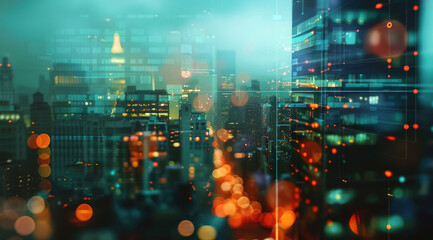 Fototapeta premium Abstract, architecture and building background with double exposure effect for finance, trading or business. Bokeh, lights and sunset cityscape wallpaper for corporate, marketing and big data