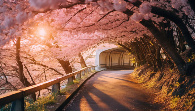 Sunset illuminates a serene cherry blossom-lined road leading to a tunnel, invoking a tranquil, picturesque scene.
