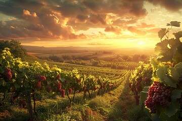 Experience the beauty of a lush vineyard with abundant grape clusters on the vines, capturing a sense of abundance and vitality in this realistic and professional photograph - obrazy, fototapety, plakaty