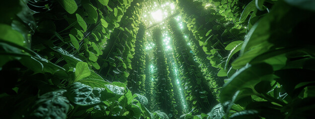 A worm's-eye view of a vertical farm, looking up at towering green walls, a ground-up perspective highlighting agricultural innovation, the canopy overhead speckled with sunlight . - obrazy, fototapety, plakaty