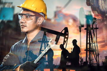 Double exposure of engineer with Crude Oil pump oil rig energy industrial machine for petroleum...